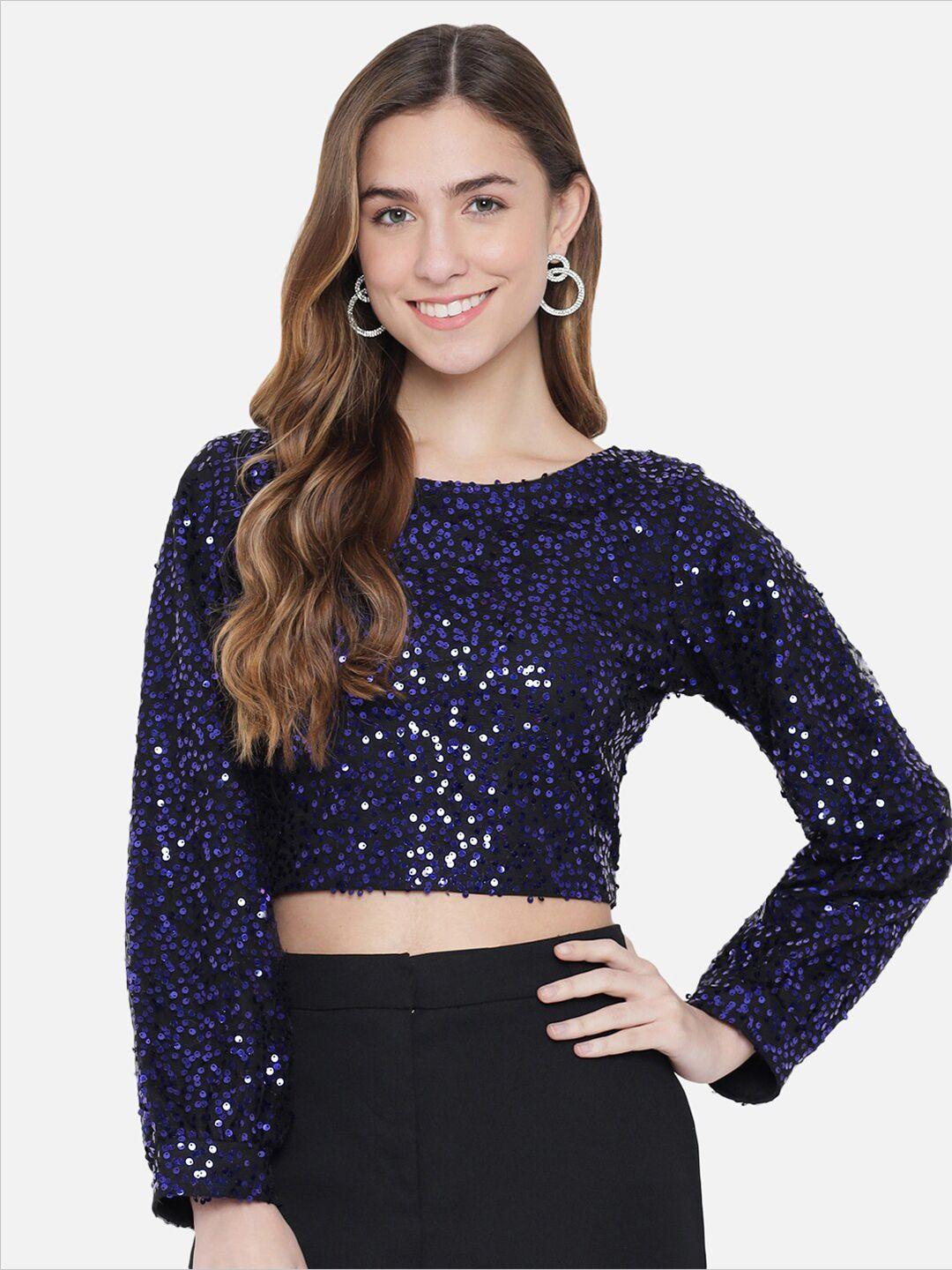 trend arrest blue sequin embellished tie up waist crop top