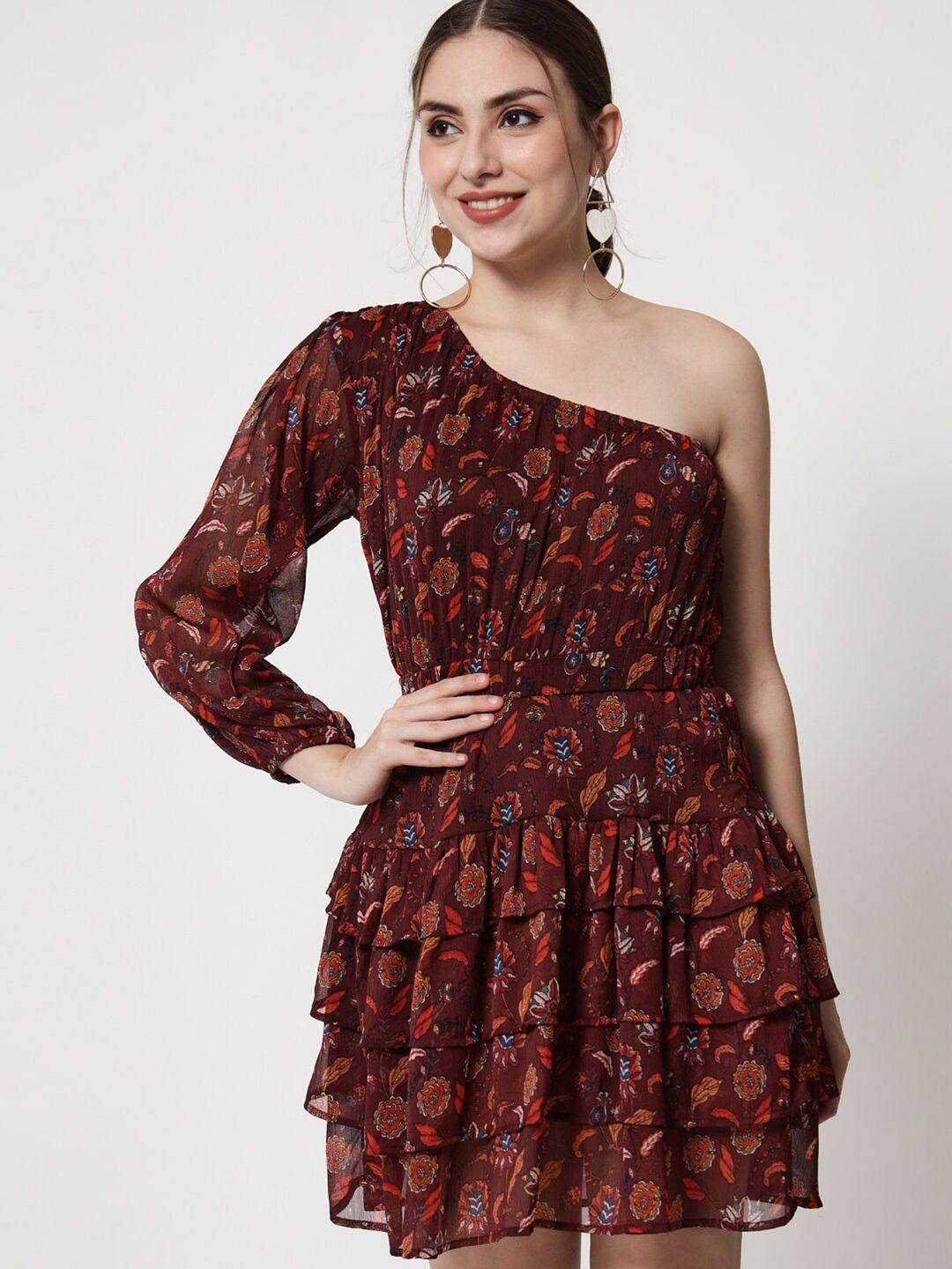 trend arrest brown floral one shoulder layered georgette mini dress