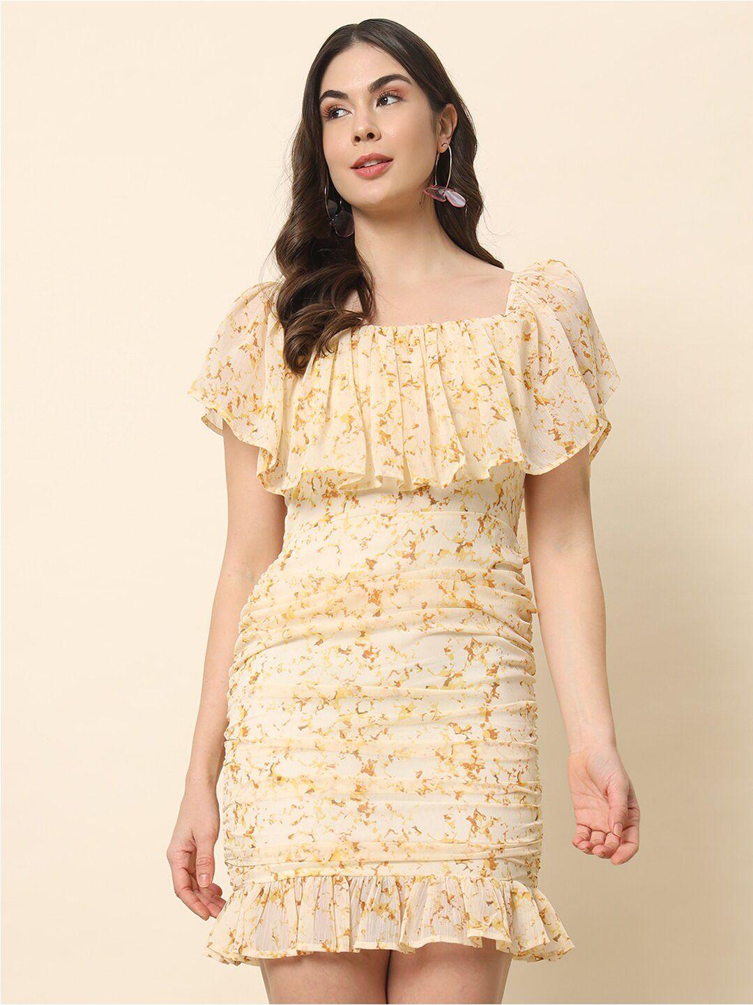 trend arrest cream-coloured print off-shoulder chiffon bodycon dress