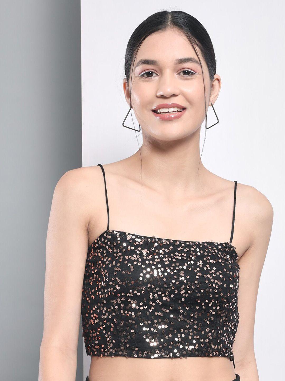 trend arrest embellished sequined shoulder straps fitted crop top