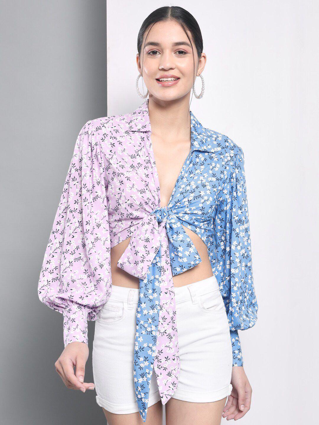 trend arrest floral printed cuffed sleeve cotton shirt style crop top