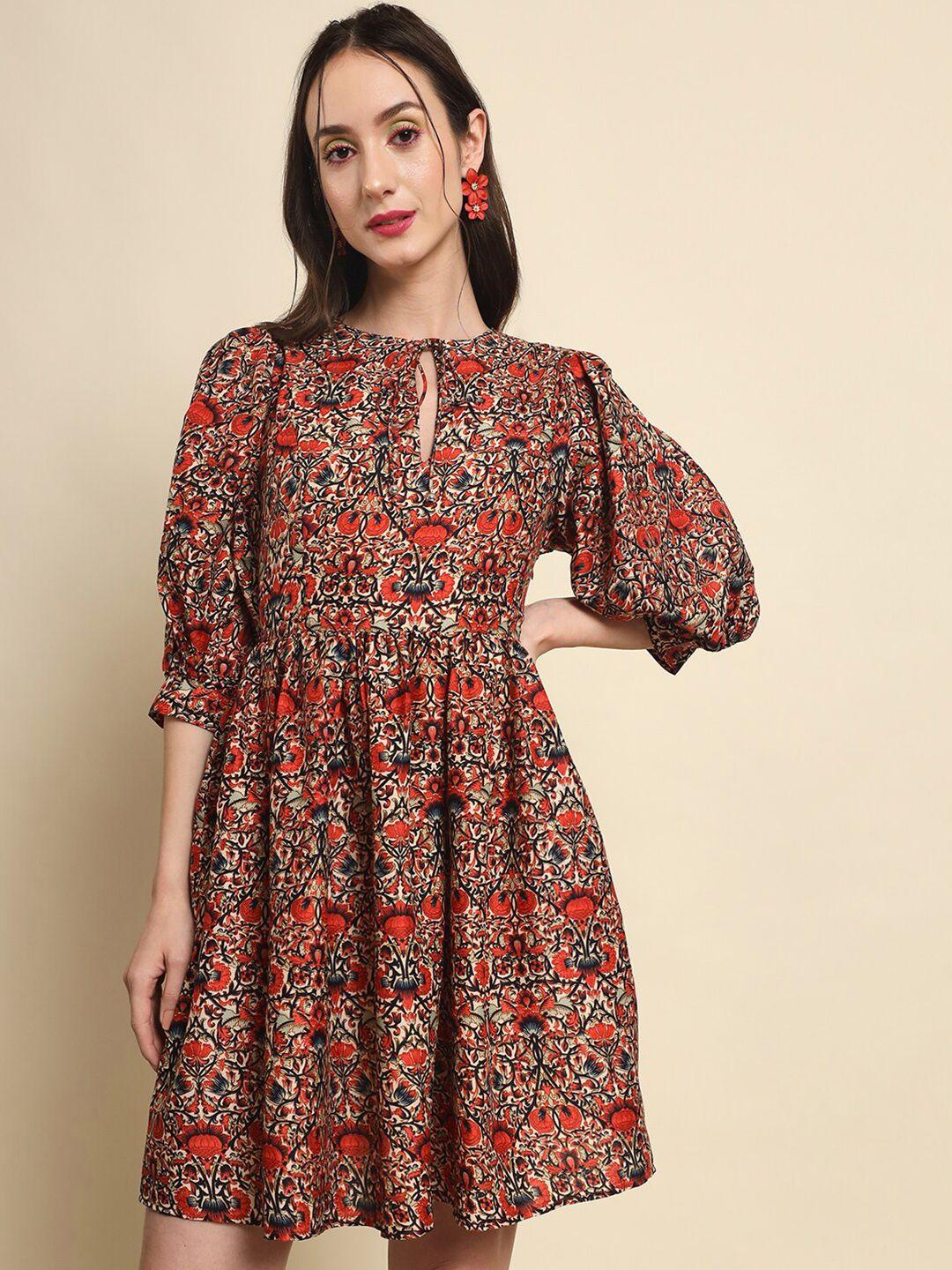 trend arrest floral printed keyhole neck fit & flare dress