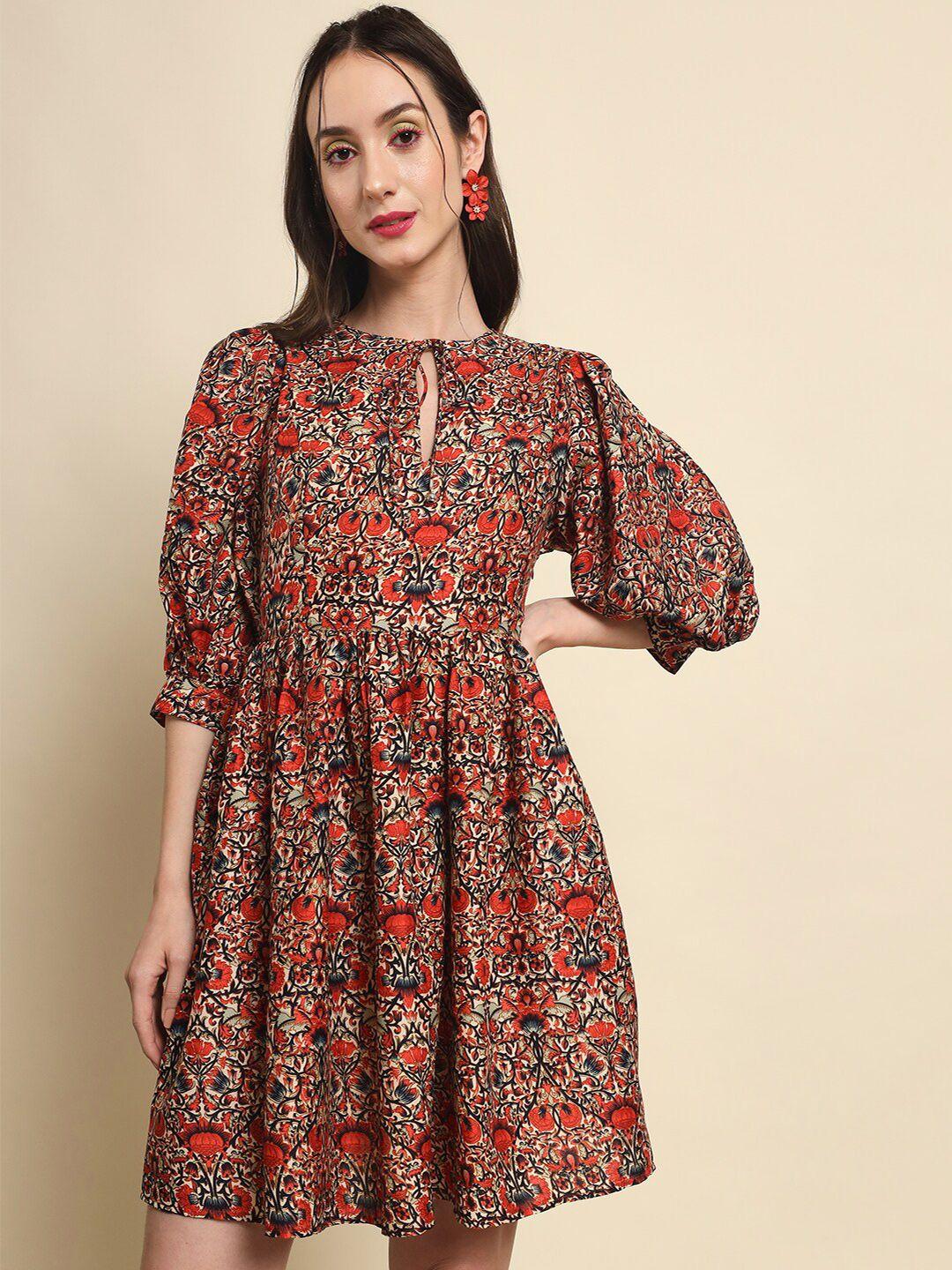 trend arrest floral printed keyhole neck puff sleeve fit & flare dress