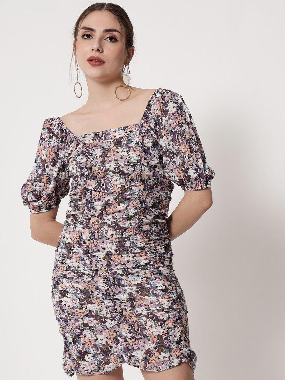 trend arrest floral printed square neck puff sleeve ruched sheath dress