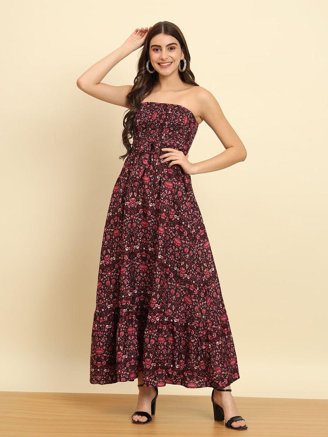 trend arrest floral printed strapless sleeveless smocked maxi dress