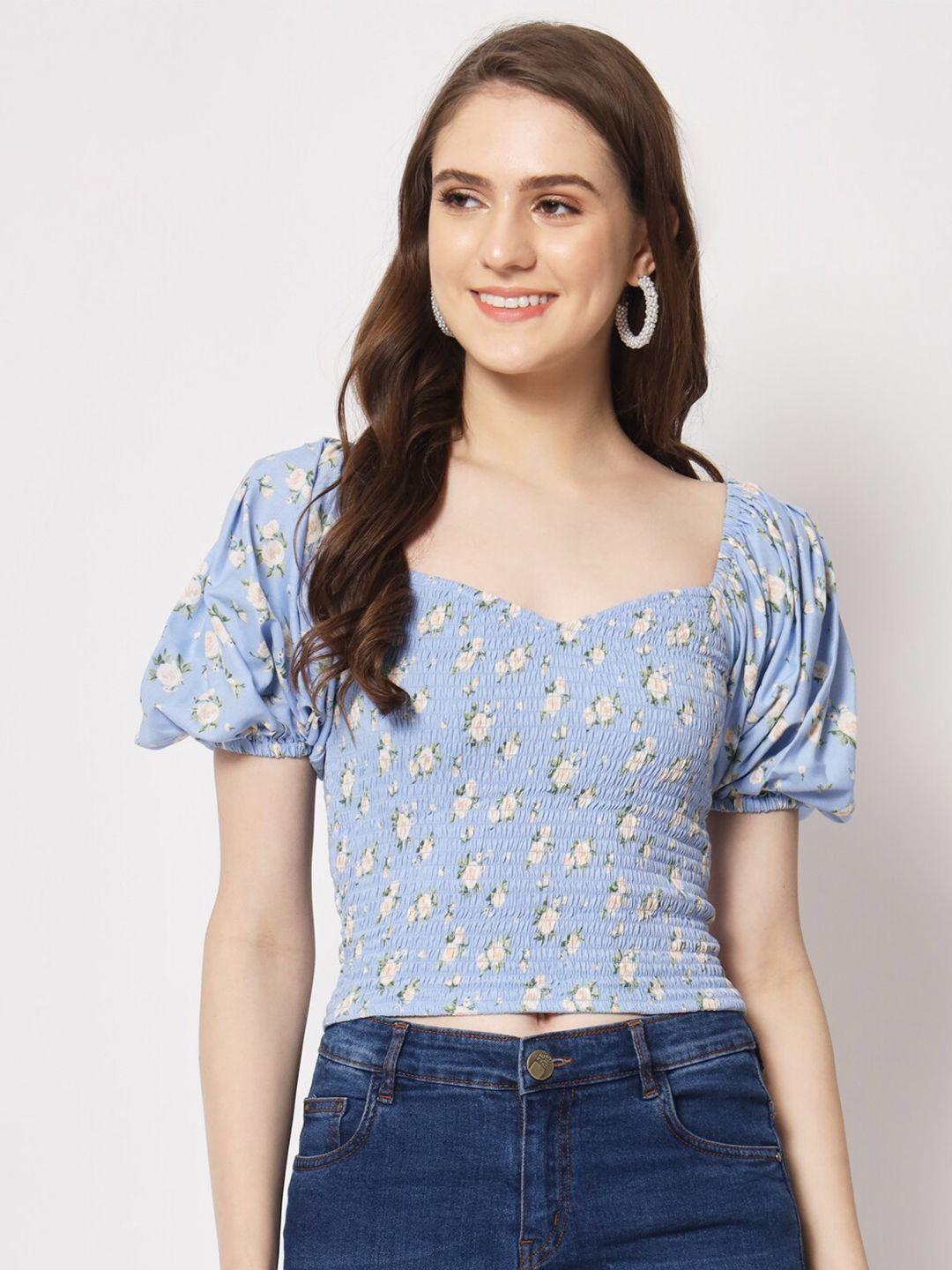 trend arrest floral printed sweetheart neck smocking fitted crop top