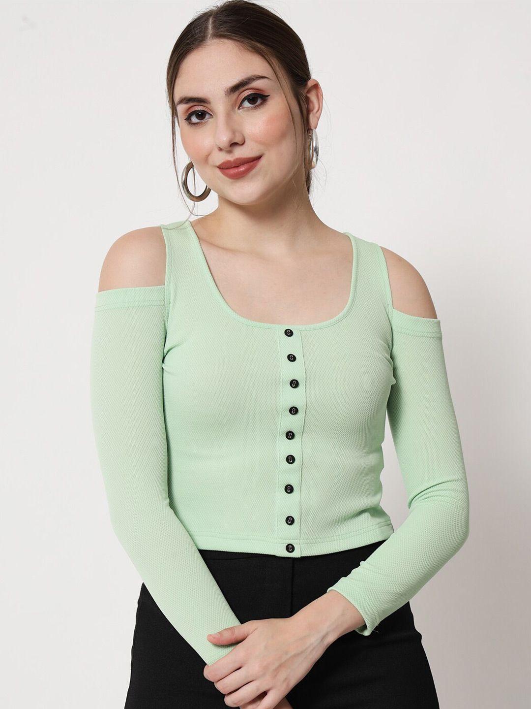 trend arrest green cold-shoulder fitted crop top