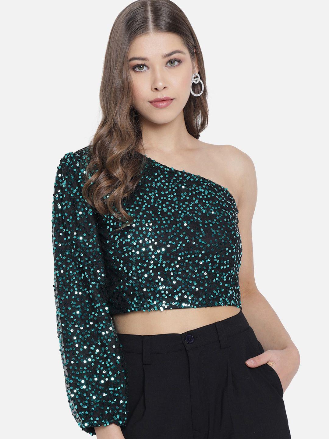 trend arrest green embellished one shoulder crop top