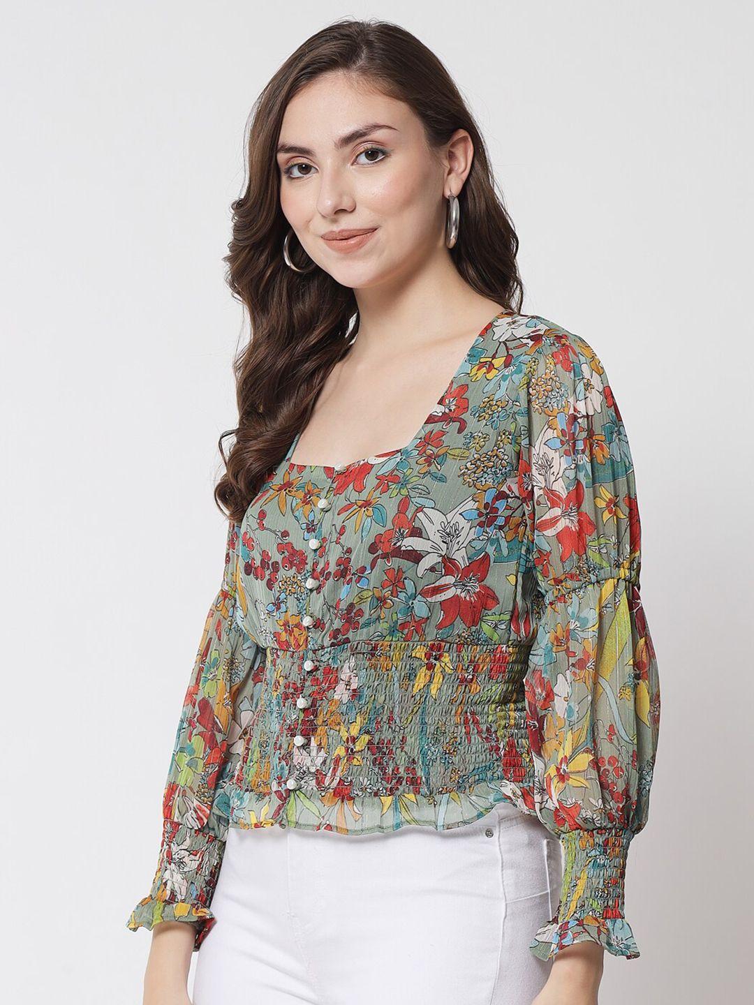 trend arrest green floral print puff sleeve georgette cinched waist top