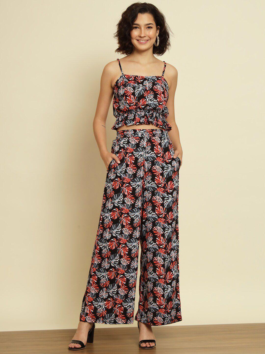 trend arrest leaf printed shoulder strap crop top with flared palazzo co-ords