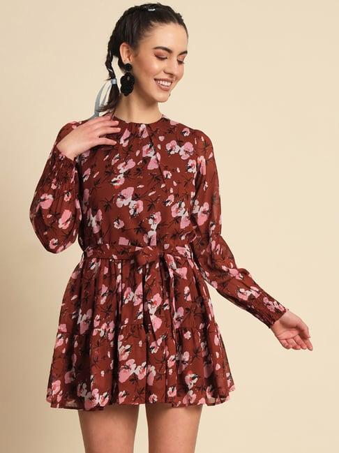 trend arrest maroon printed skater dress