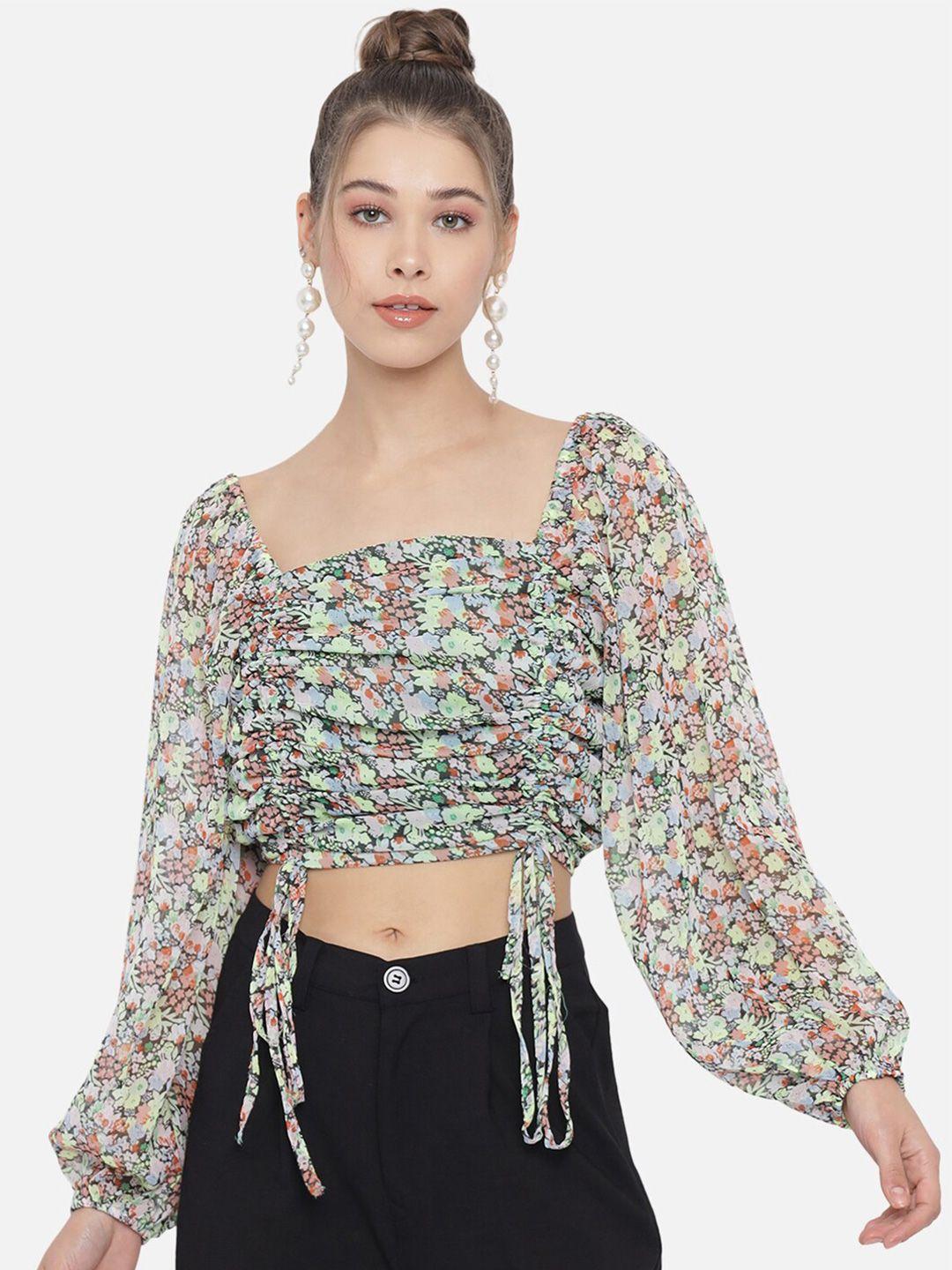 trend arrest multicoloured floral print georgette blouson crop top