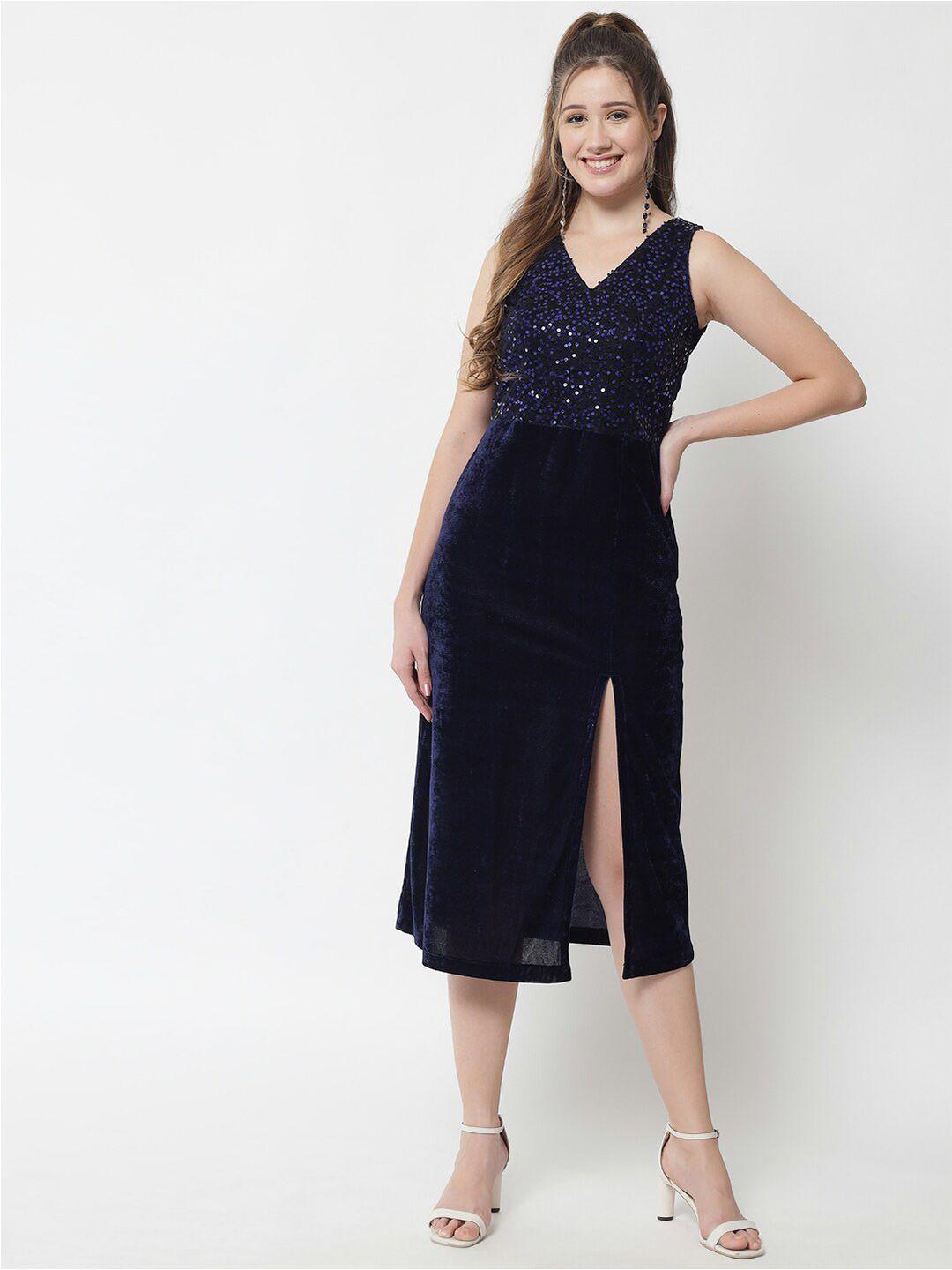 trend arrest navy blue embellished velvet sheath midi dress