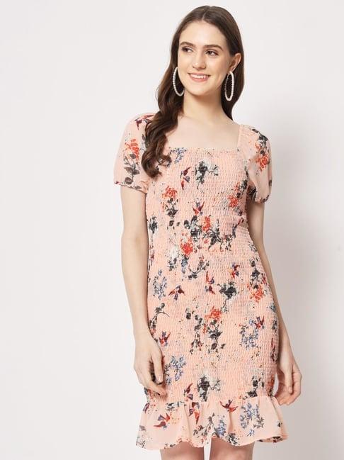 trend arrest peach floral print a line dress