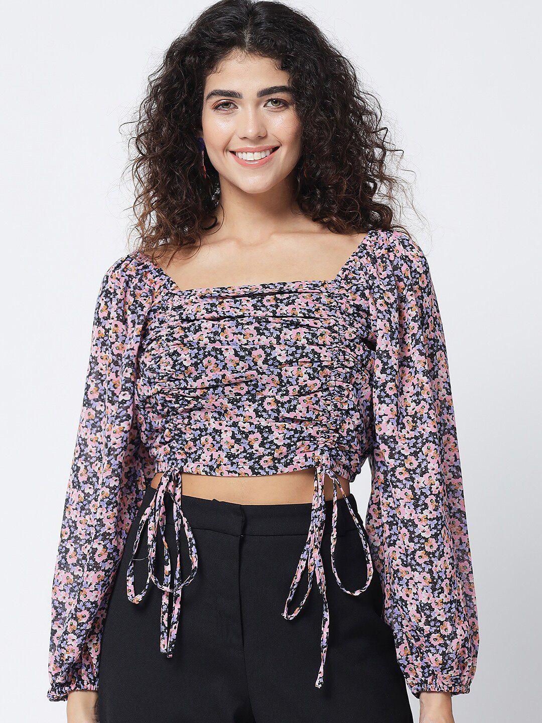 trend arrest pink & black floral print georgette ruched crop top