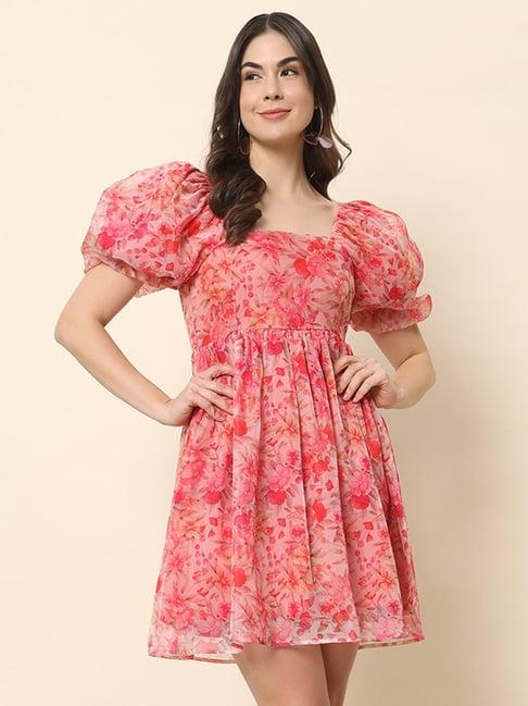 trend arrest pink floral print skater dress