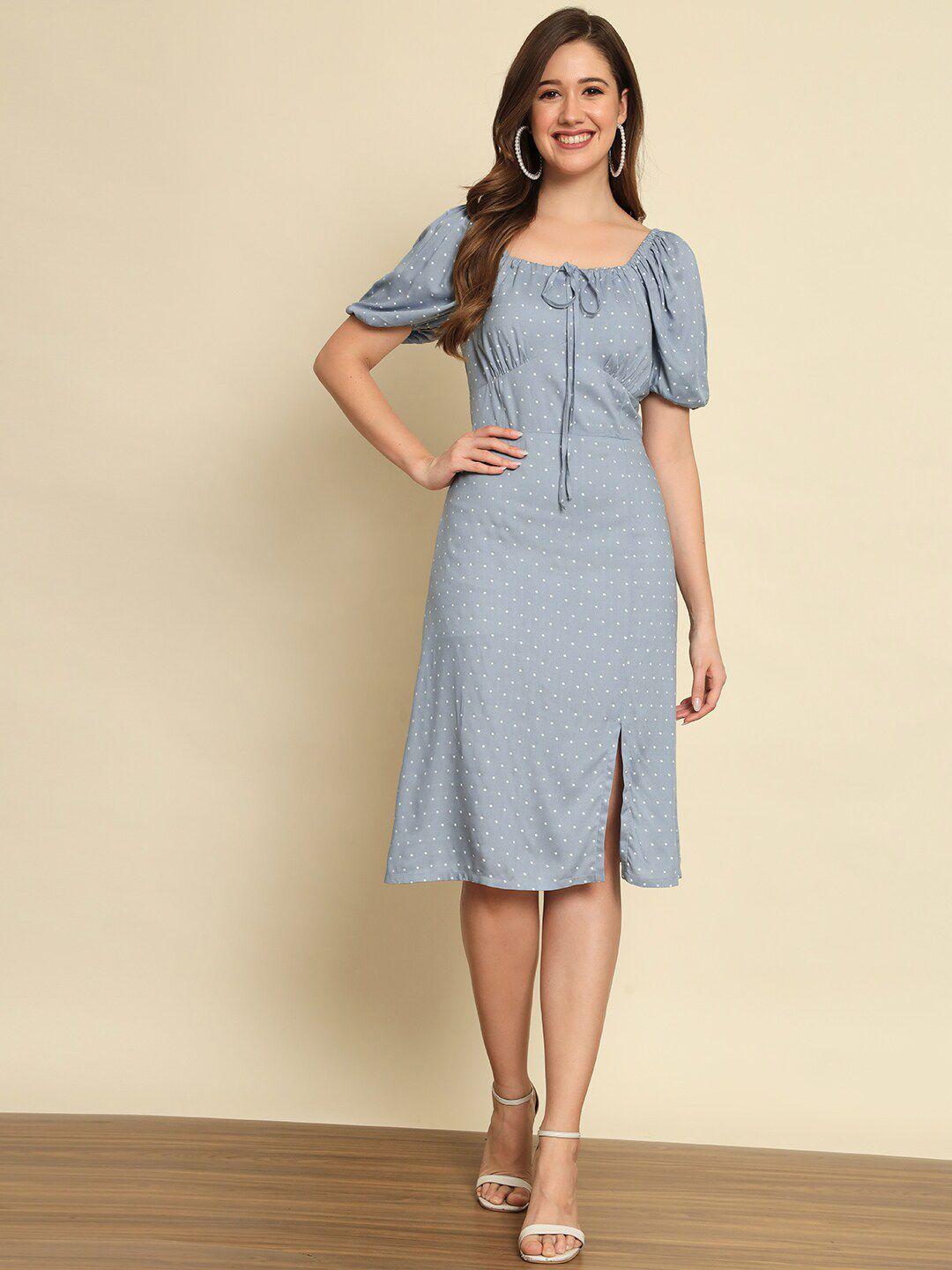 trend arrest polka dot printed puff sleeve a-line dress