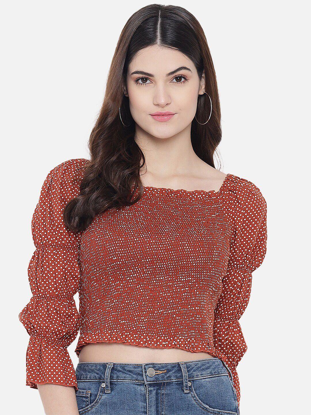 trend arrest polka dots printed smocked fitted crop top