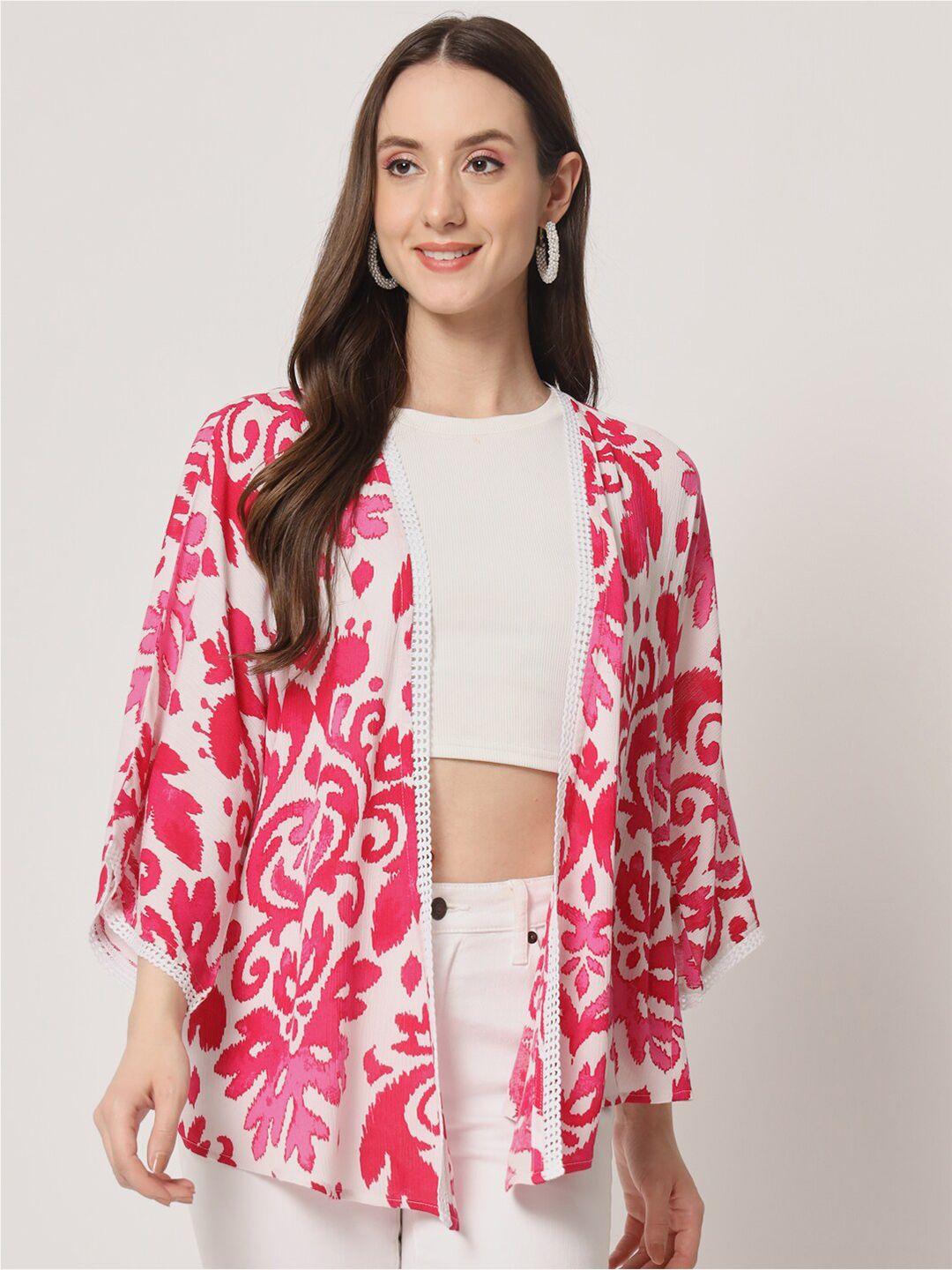 trend arrest printed high low open front shrug with lace detail