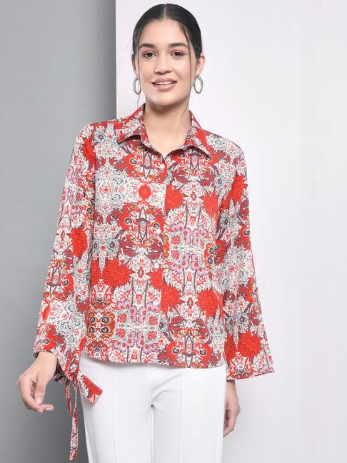 trend arrest red & off white floral print tie-up shirt