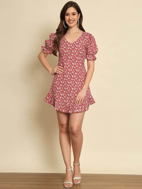 trend arrest red floral print a line dress