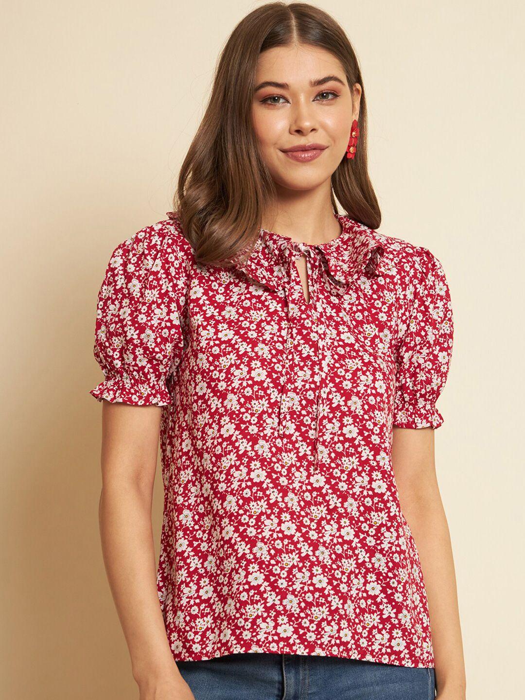 trend arrest red floral print puff sleeve top