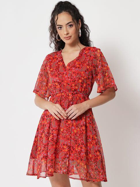 trend arrest red printed mini skater dress