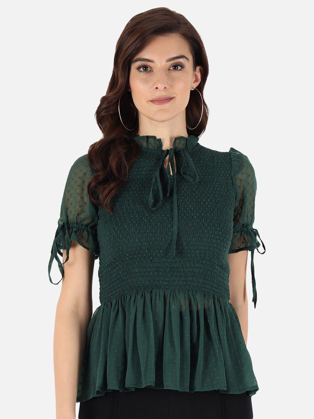 trend arrest self design tie-up neck smocked dobby peplum top