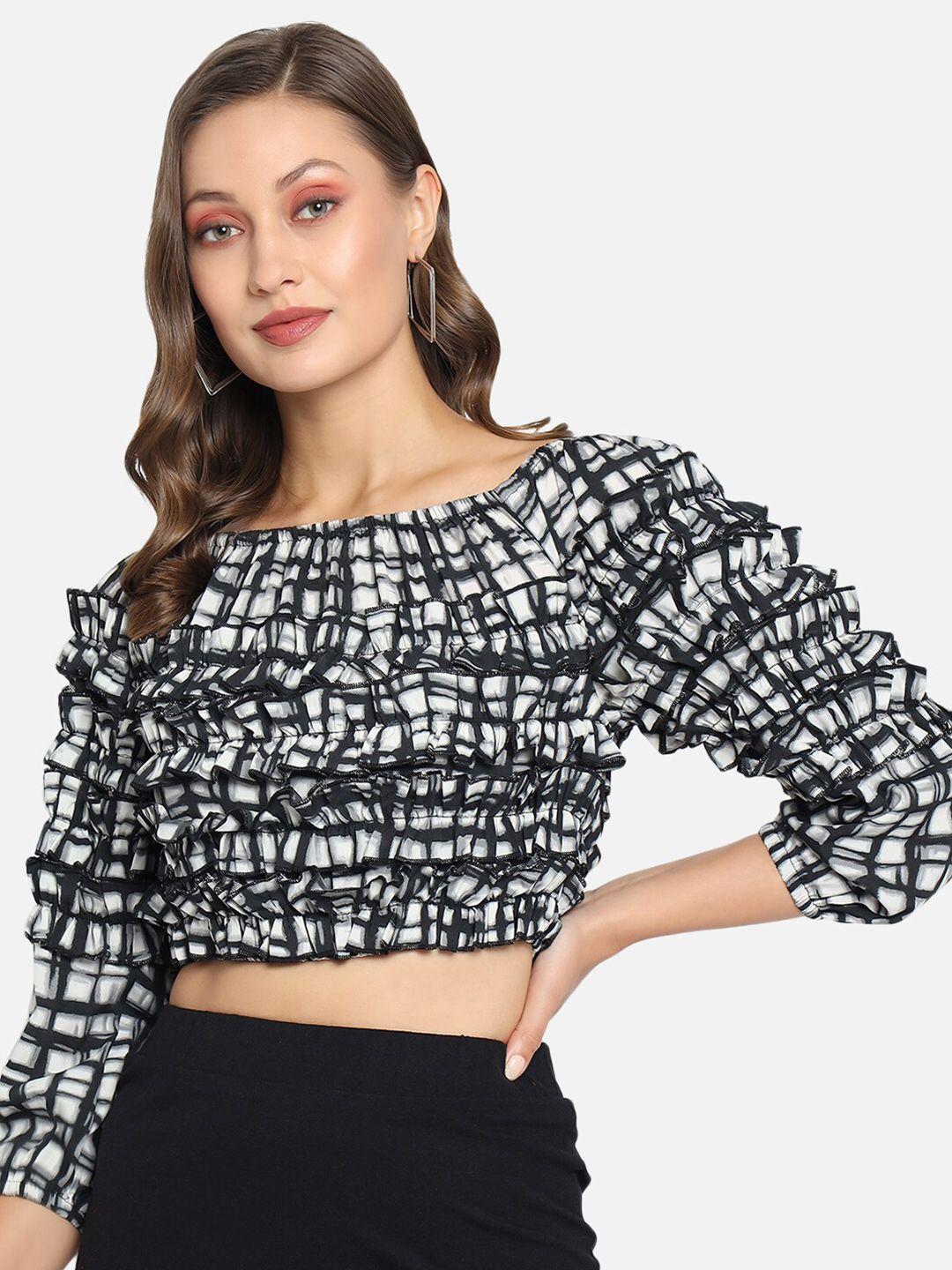 trend arrest women black print ruffles crepe crop top