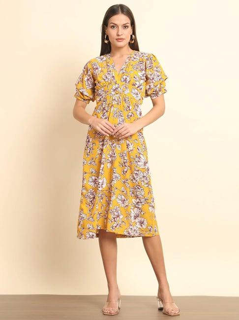 trend arrest yellow floral print midi dress