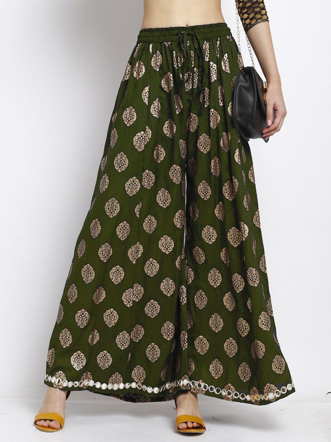 trend level ethnic motifs printed flared knitted palazzos