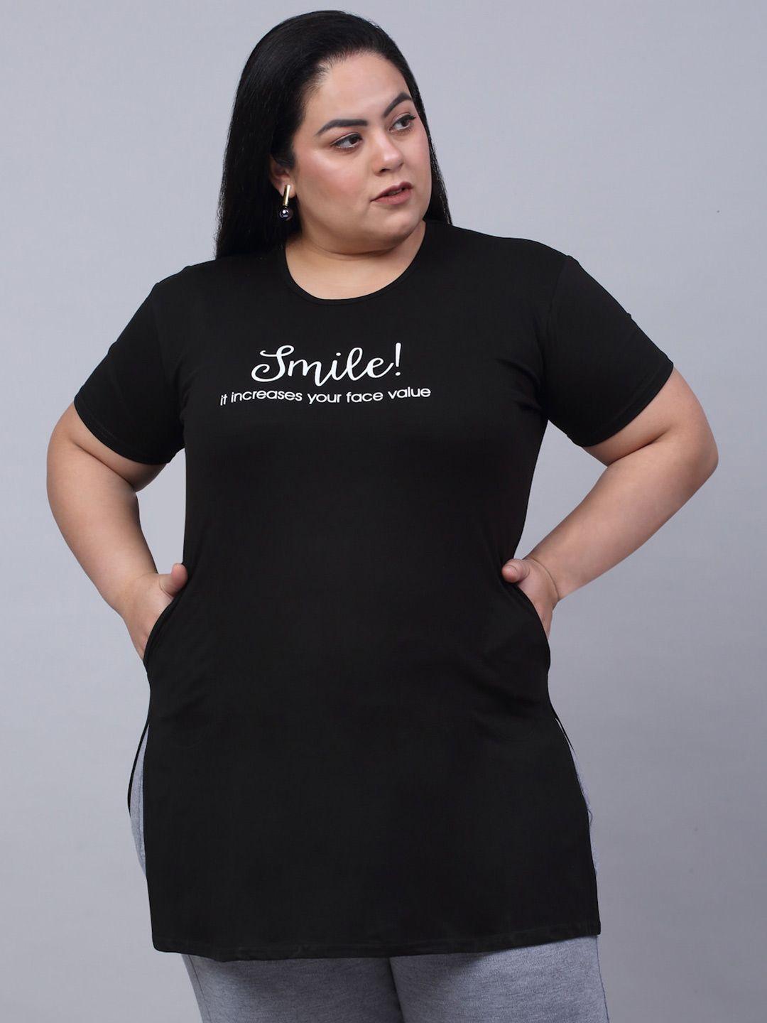 trend level plus size typography printed pure cotton longline t-shirt