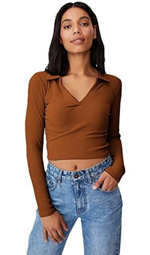 trend level ribbed polo collar extended sleeves tops for women (medium, brown)