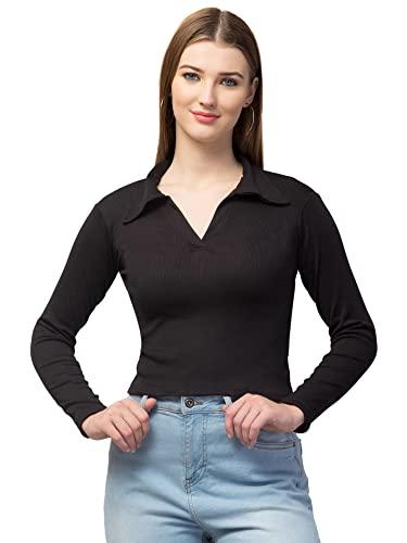 trend level ribbed polo collar full sleeves tops for women (m, black)