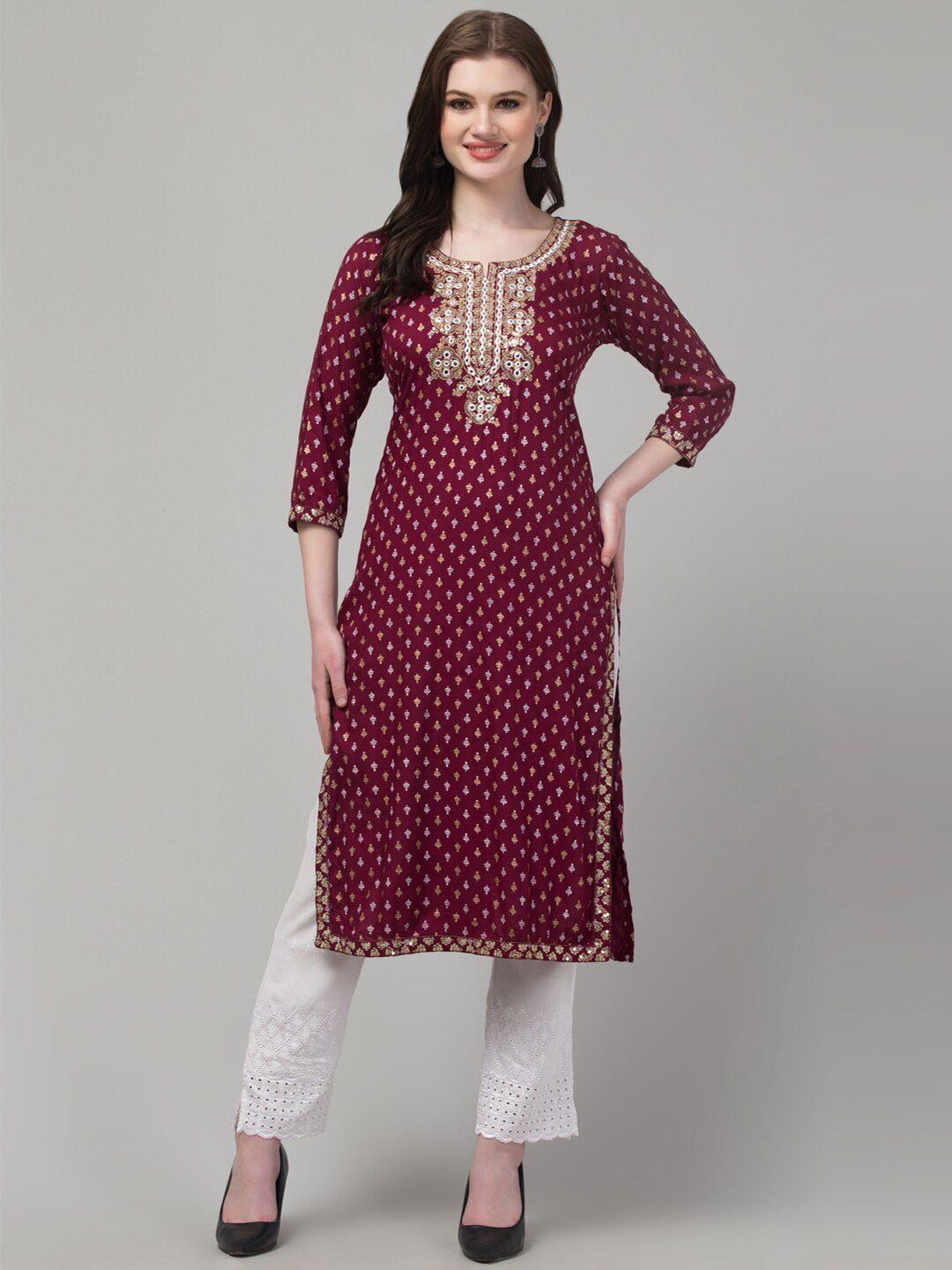 trend level women maroon geometric printed thread work floral handloom kurta