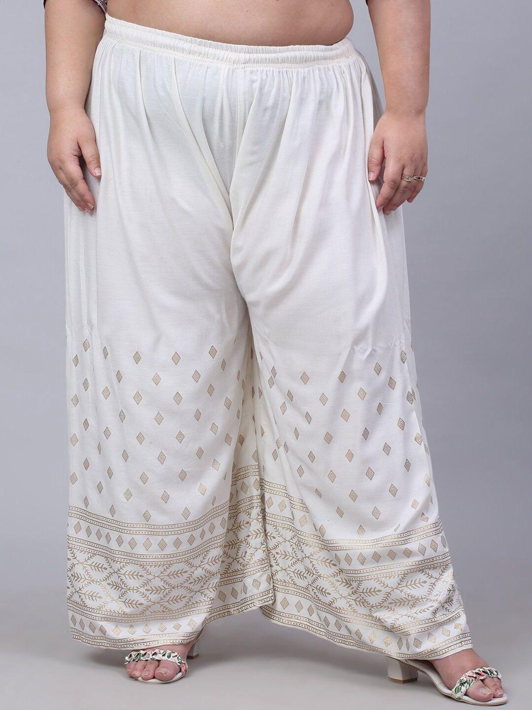 trend level women off white & gold-toned floral printed flared ethnic palazzos
