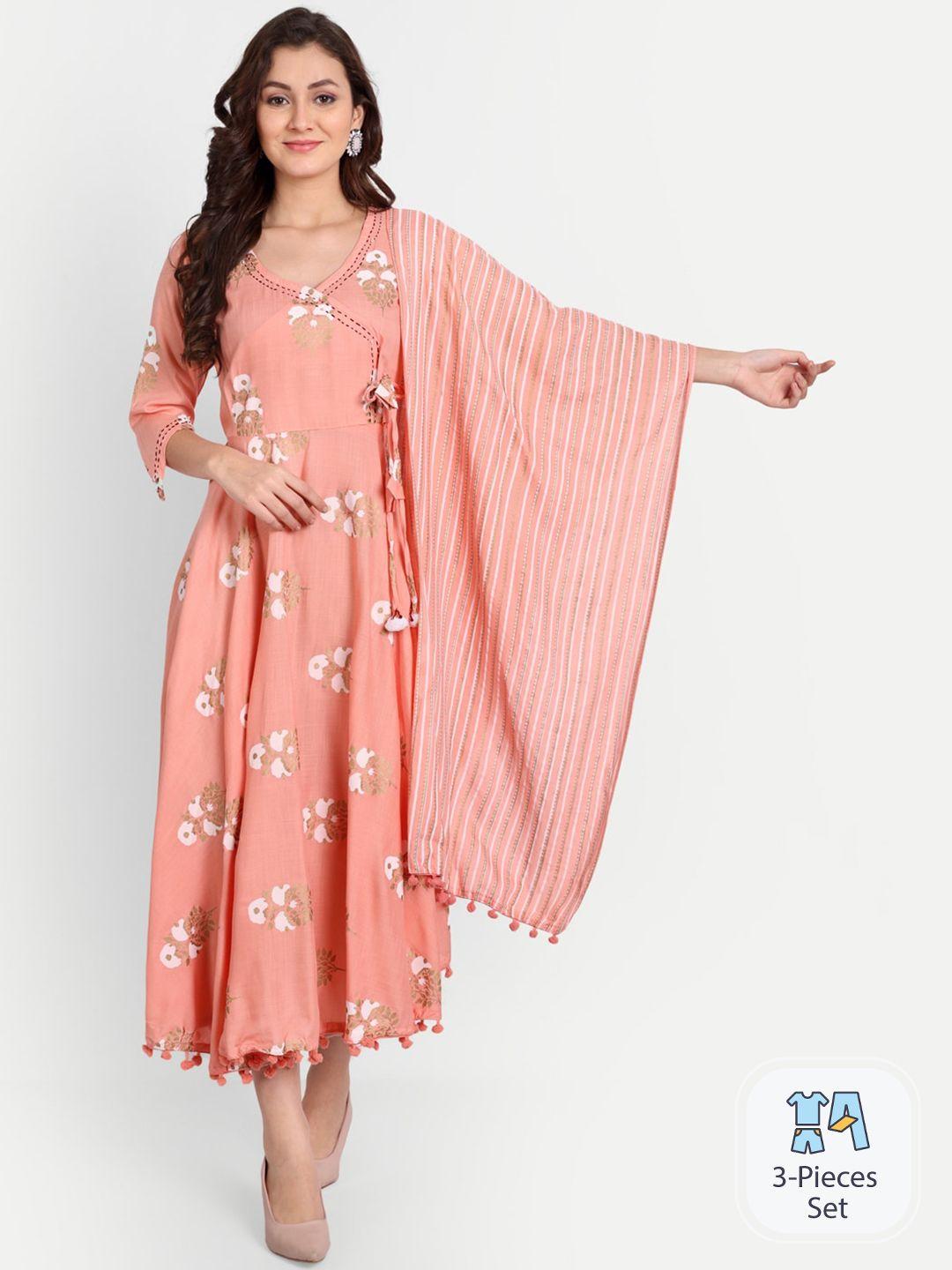 trend me floral printed fit and flare midi ethnic dress with dupatta