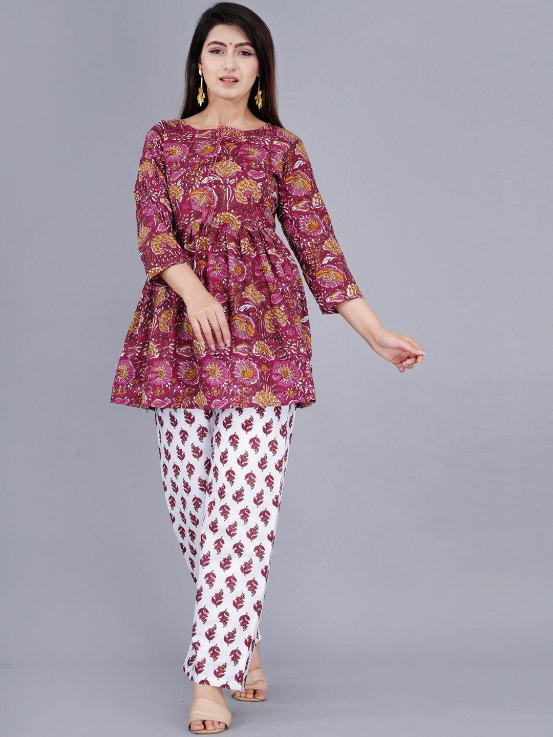 trend me floral printed pure cotton kurta with trousers