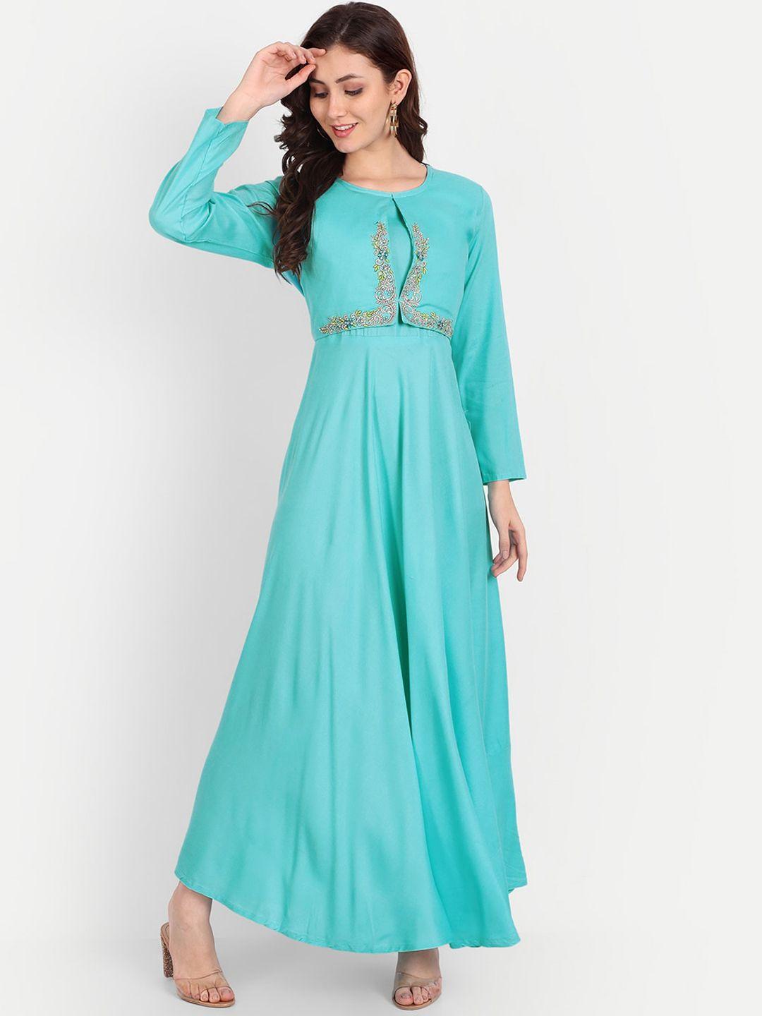 trend me round neck long sleeve fit & flare thread work maxi dresses