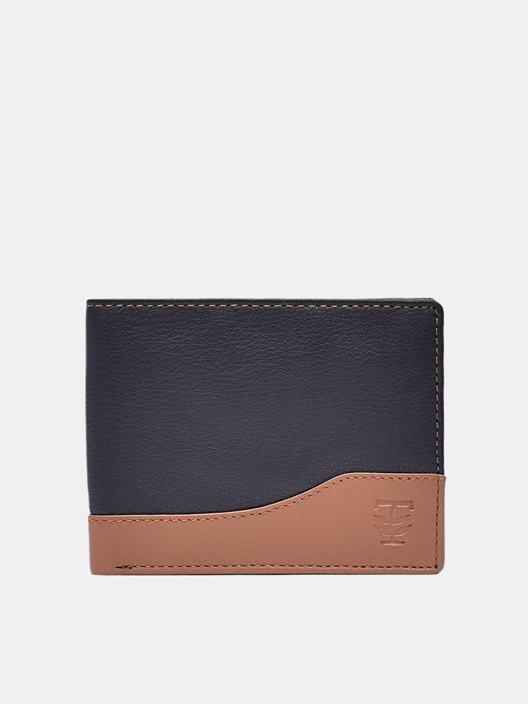 trenders men black & brown colourblocked leather two fold wallet