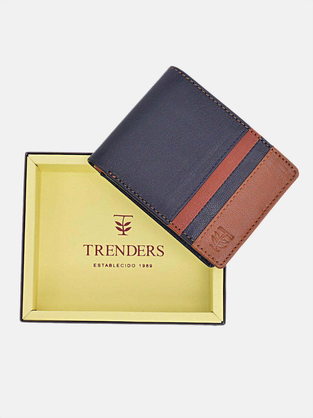 trenders men blue & red colorblocked leather wallet