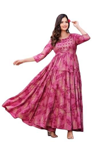 trending & pretty long pink gown with beautiful front mirror embroidery and floral print for women's and girls (x-large)