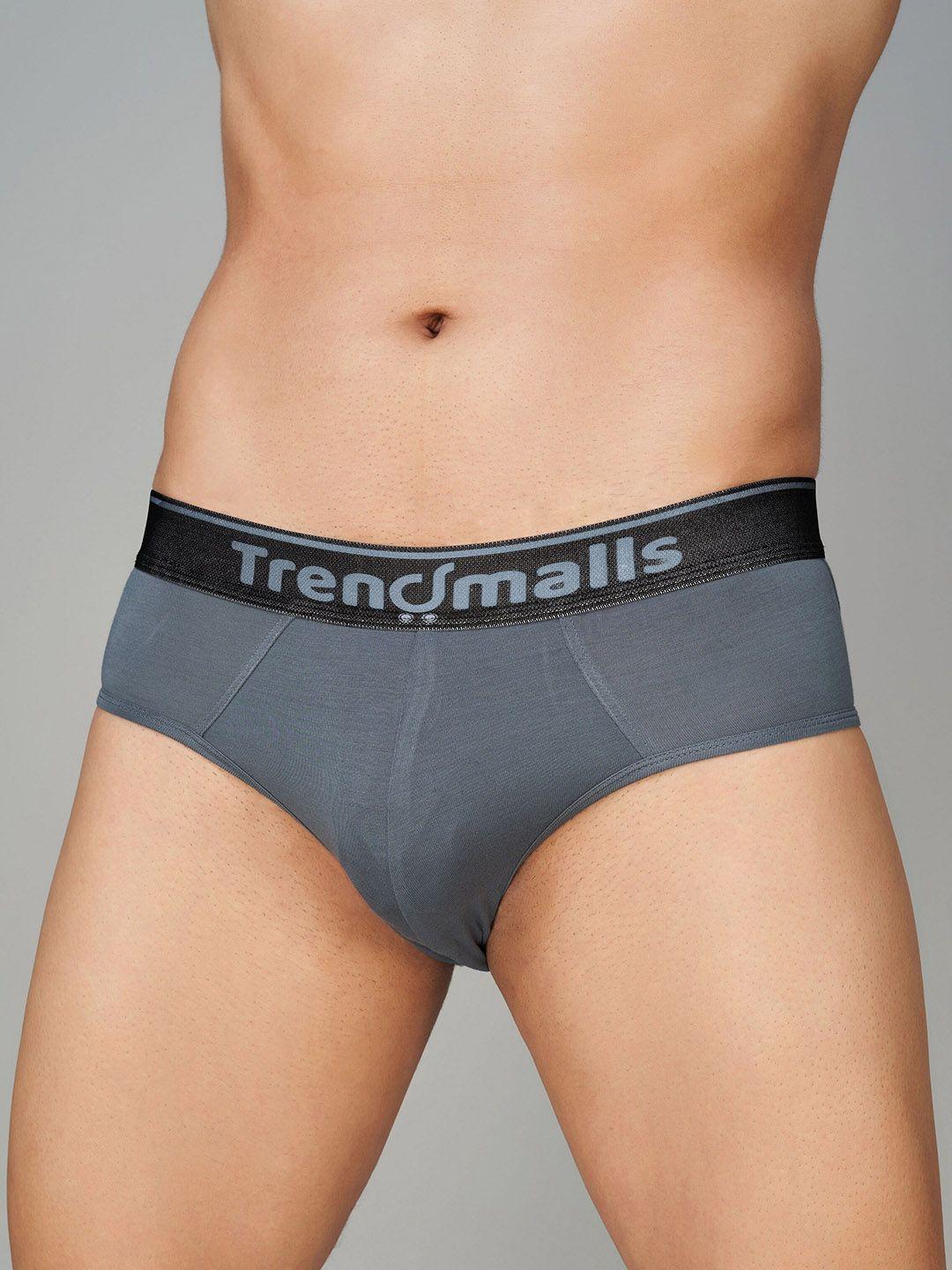 trendmalls brand logo printed high-rise 4-way stretch modal basic brief  tm-mu01-grey-s