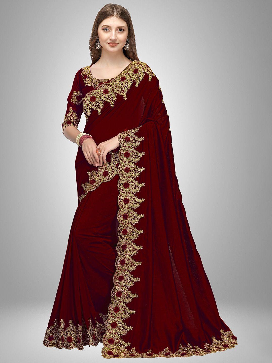 trendmalls brown & gold-toned embroidered satin mysore silk saree