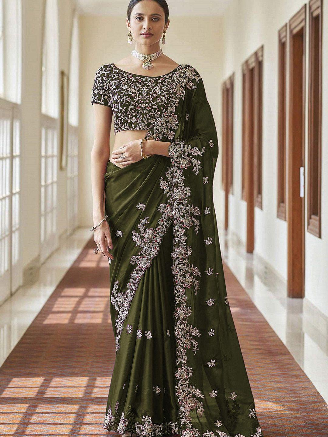 trendmalls floral embroidered embellished silk blend saree