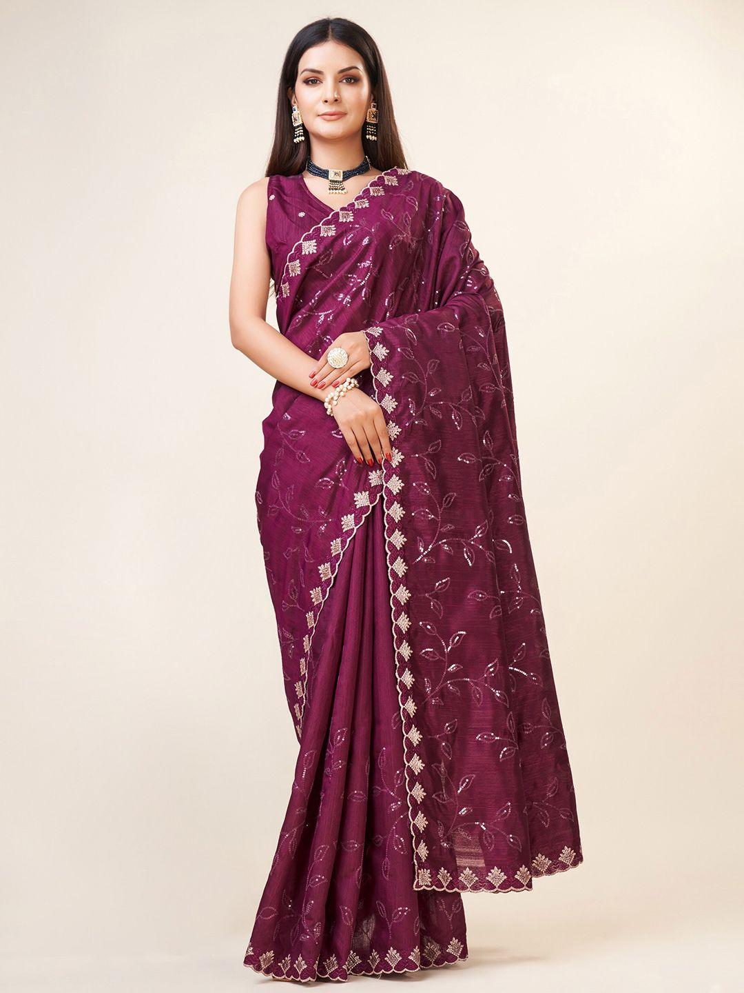 trendmalls floral embroidered sequinned satin chanderi saree