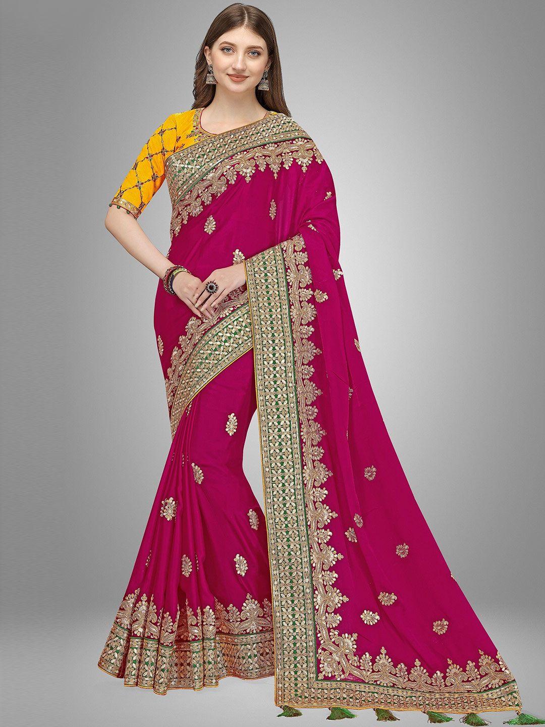 trendmalls fuchsia & gold-toned ethnic motifs embroidered pure silk saree