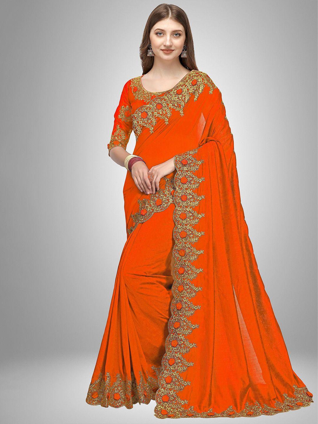 trendmalls orange & gold-toned embroidered satin mysore silk saree