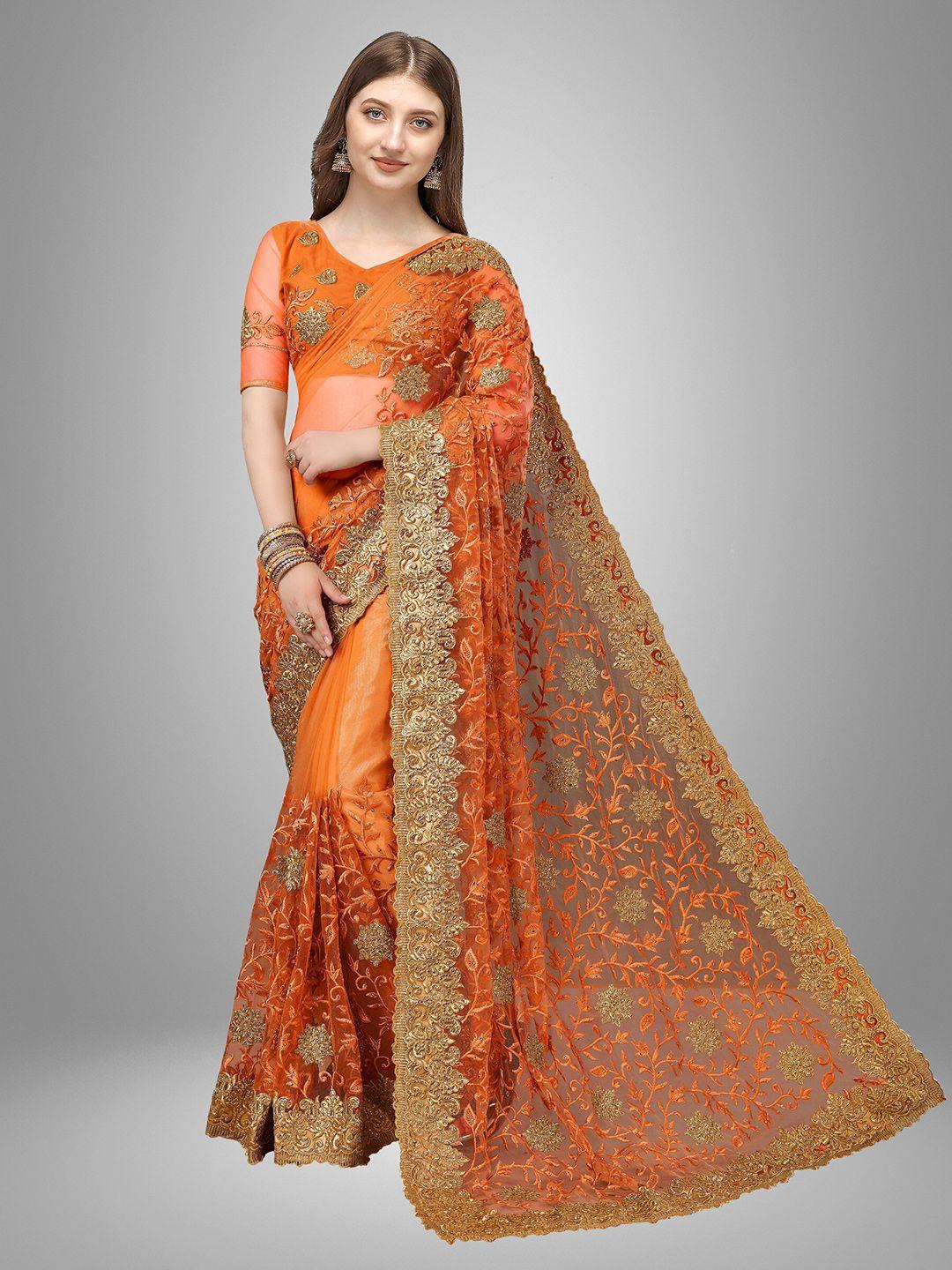 trendmalls orange & gold-toned floral embroidered net saree