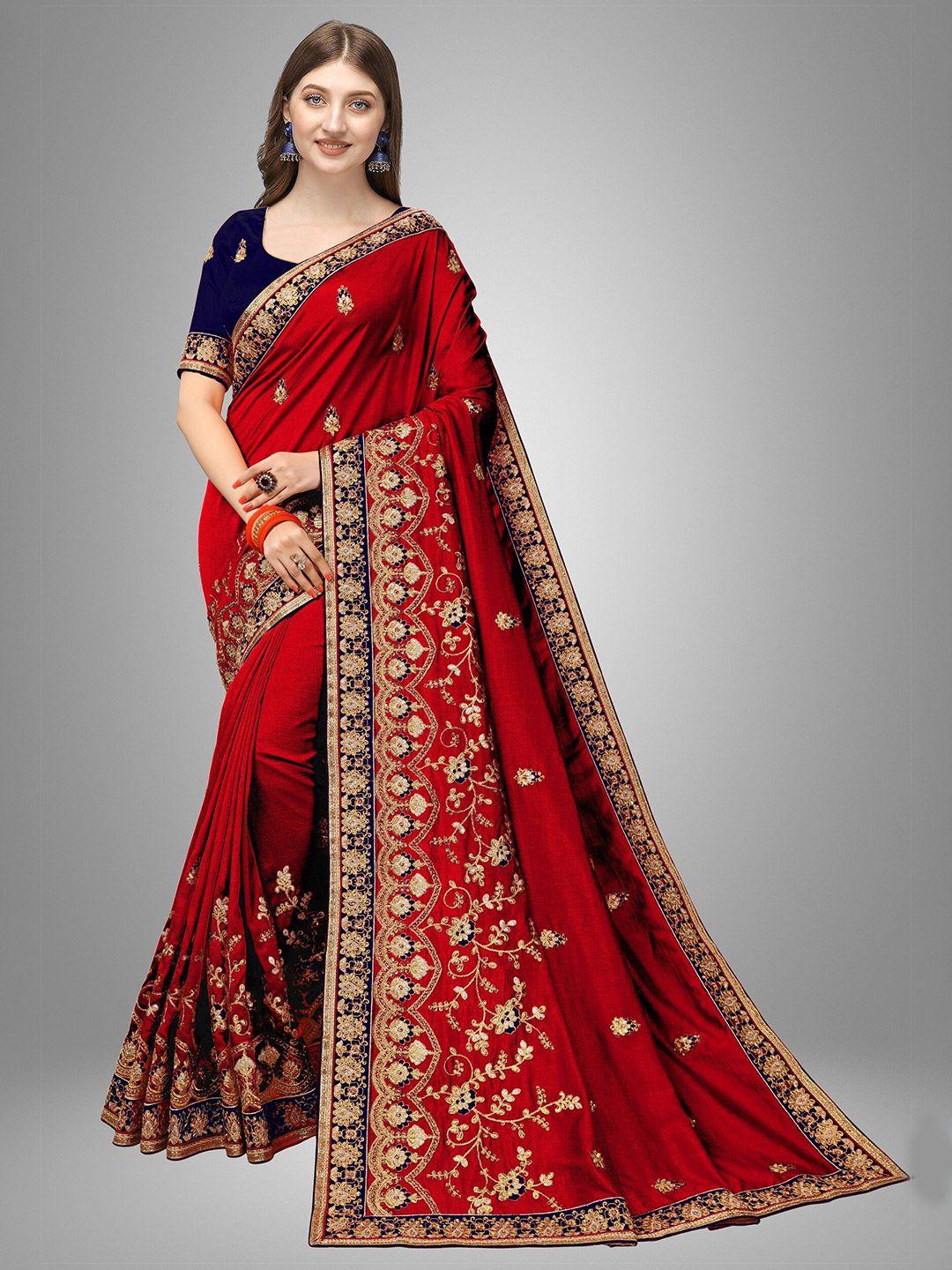 trendmalls red & gold-toned floral embroidered satin mysore silk saree